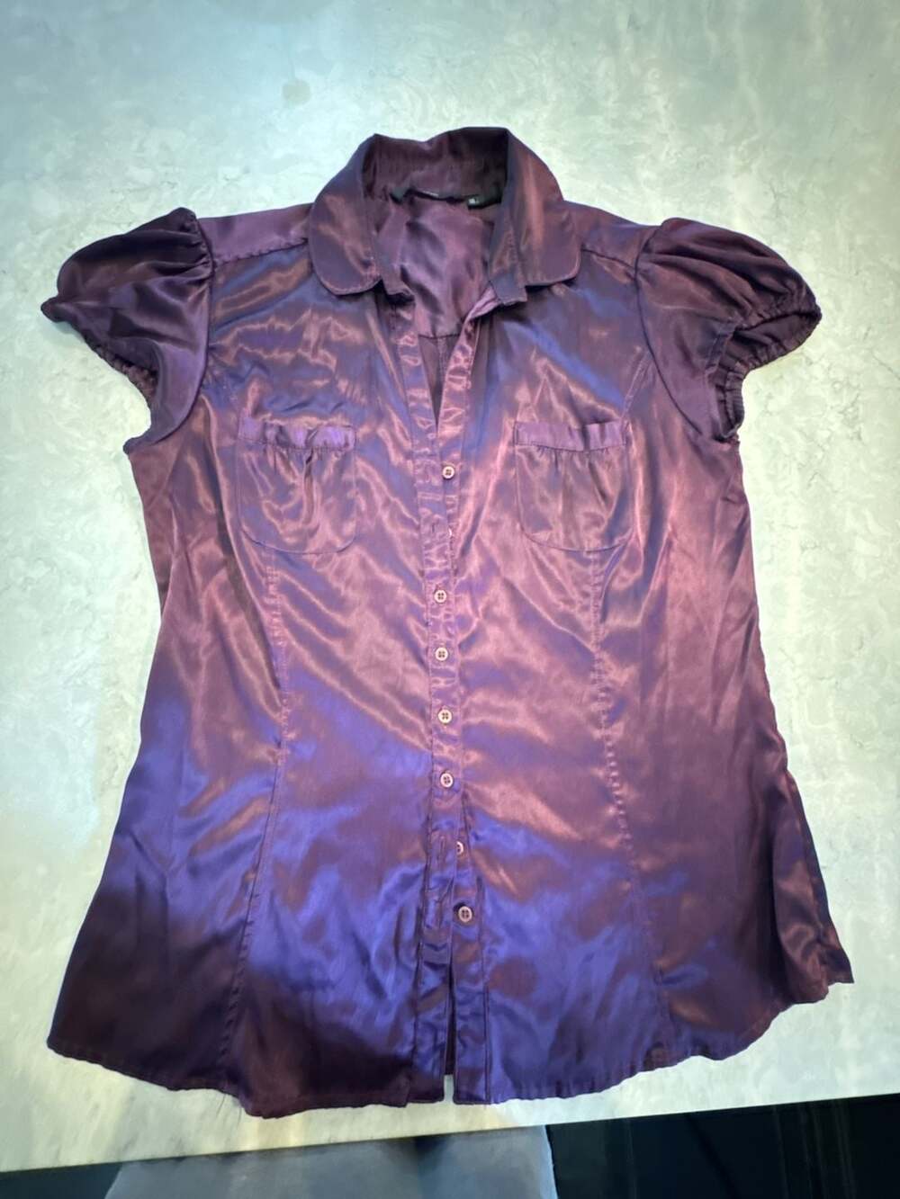 Zara Basic Button Up Shirt Size Large Purple Satin Short Sleeve